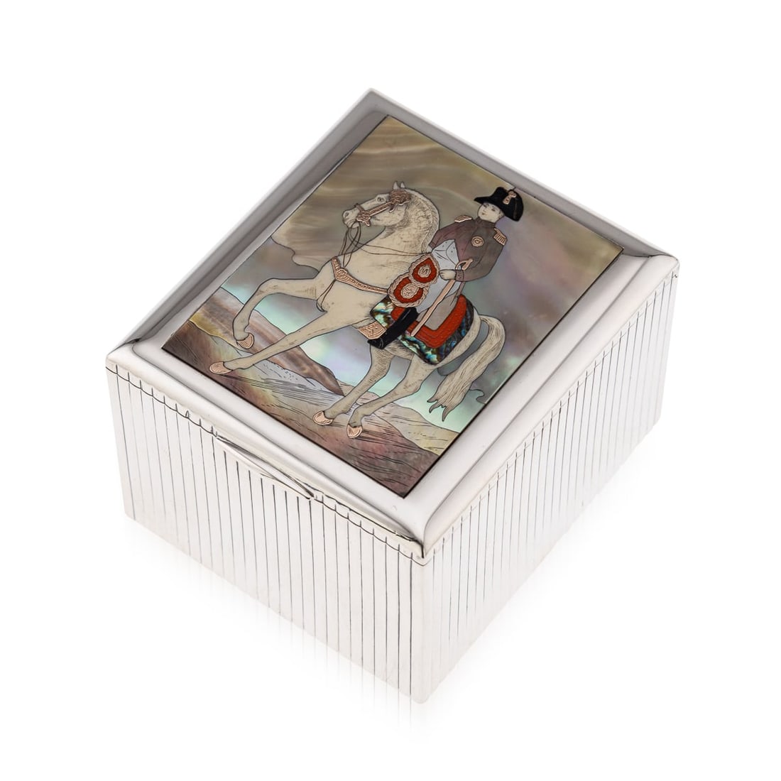 MID 20thC FRENCH SOLID SILVER & 18k GOLD, MOTHER OF PEARL BOX, DUNHILL c.1950: Mid 20th Century French solid silver, 18k gold and mother-of-pearl box, crafted in Paris and retailed by Dunhill. Rectangular in shape, the lid features an intricate inlaid panel depicting Napoleon I