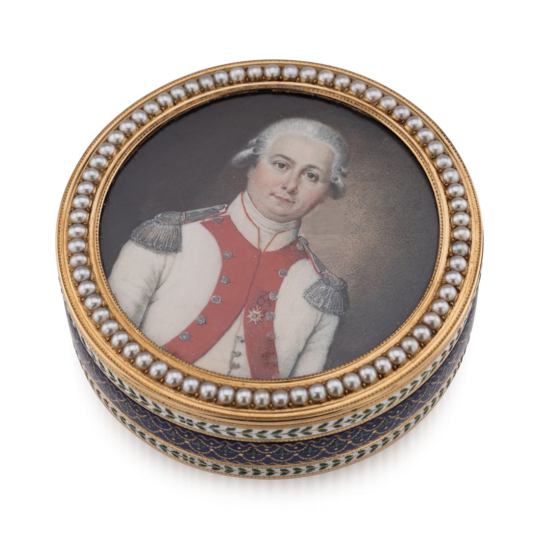 ANTIQUE 18thC FRENCH 18k GOLD & ENAMEL SNUFF BOX, JOSEPH-ETIENNE BLERZY c.1780: Antique 18th Century Exceptional French 18k gold & enamel snuff box, a circular snuffbox crafted in solid gold, adorned with blue, green, and white enamels, further enhanced by gold spangles and