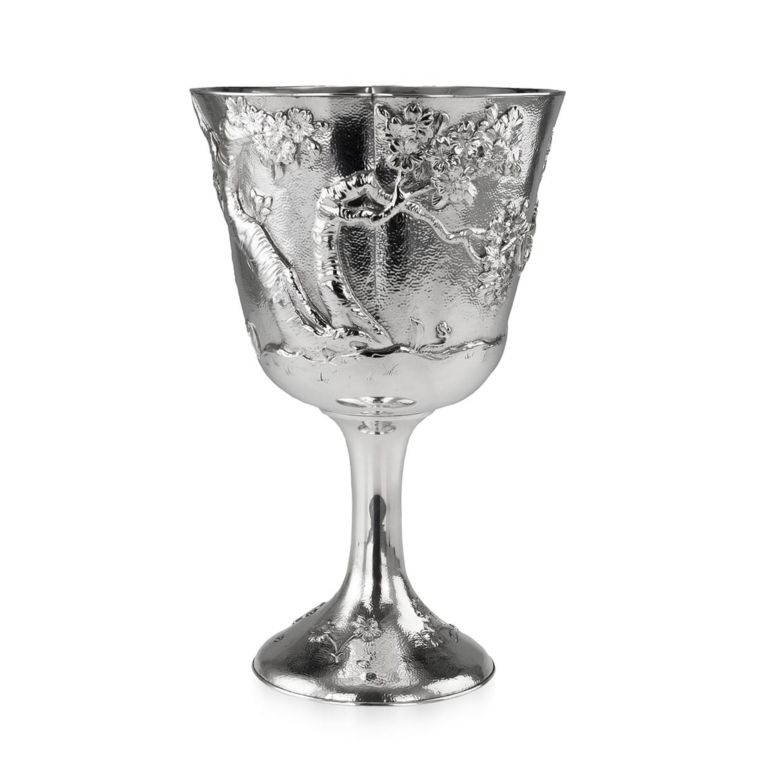 ANTIQUE 20thC JAPANESE SOLID SILVER MASSIVE GOBLET, NOMURA c.1900: Antique 20th Century Japanese solid silver massive goblet, exceptional and magnificent quality, double walled, embossed blooming cherry trees in high relief on hand hammered matted background.