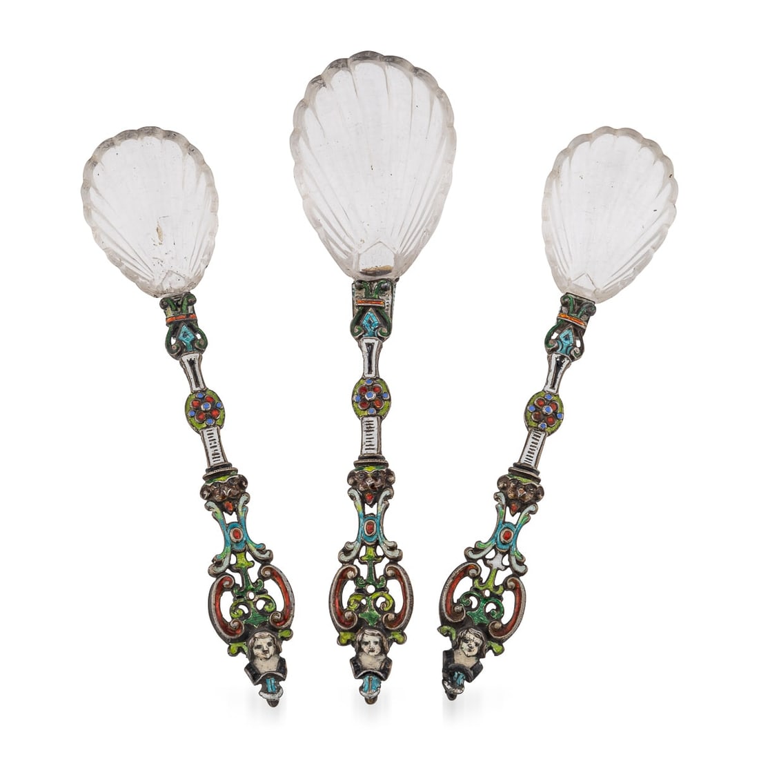 ANTIQUE 19thC AUSTRIAN SILVER, ENAMEL & ROCK CRYSTAL SPOONS c.1880: Antique 19th Century Austrian rare solid silver & enamel rock crystal set of three spoons. Scallop shaped carved rock crystal bowls set with highly decorative, pierced and enamelled, cast solid
