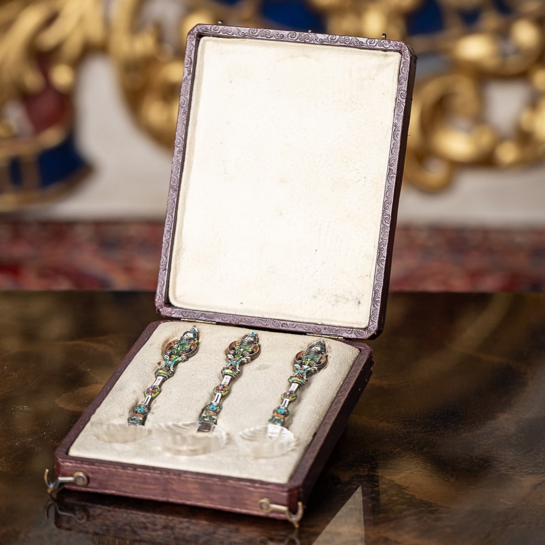 ANTIQUE 19thC AUSTRIAN SILVER, ENAMEL & ROCK CRYSTAL SPOONS c.1880 - 2