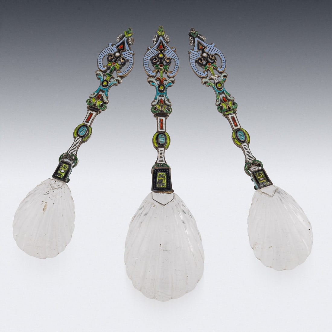 ANTIQUE 19thC AUSTRIAN SILVER, ENAMEL & ROCK CRYSTAL SPOONS c.1880 - 3