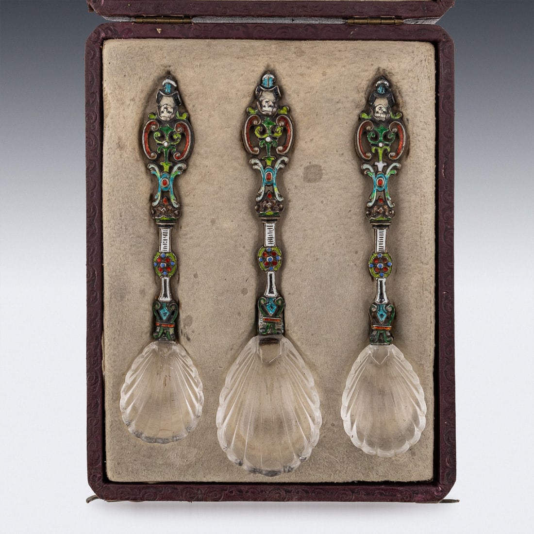 ANTIQUE 19thC AUSTRIAN SILVER, ENAMEL & ROCK CRYSTAL SPOONS c.1880 - 4
