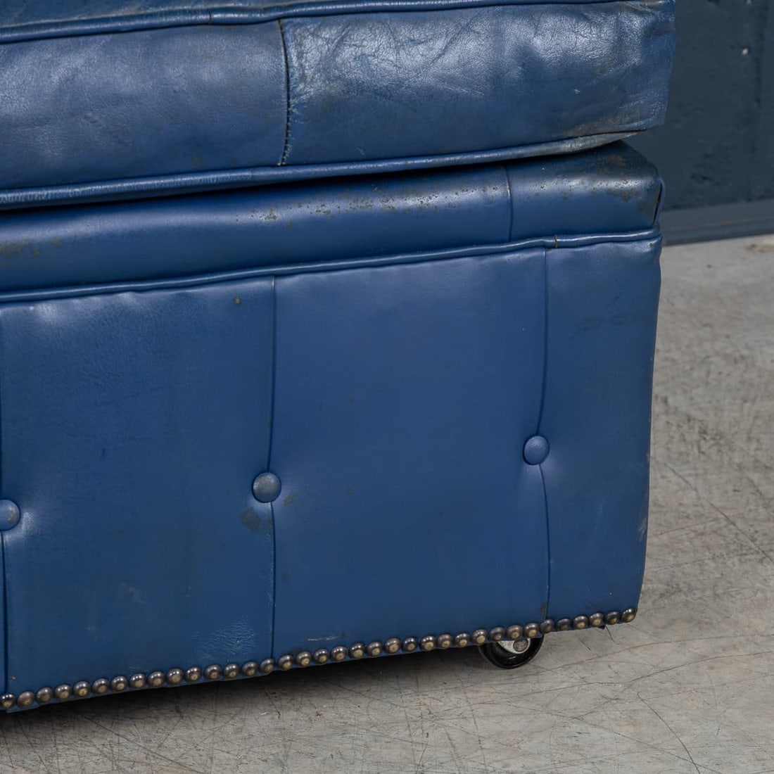 VINTAGE 20thC ENGLISH PAIR OF BLUE LEATHER FOOTSTOOLS - 17