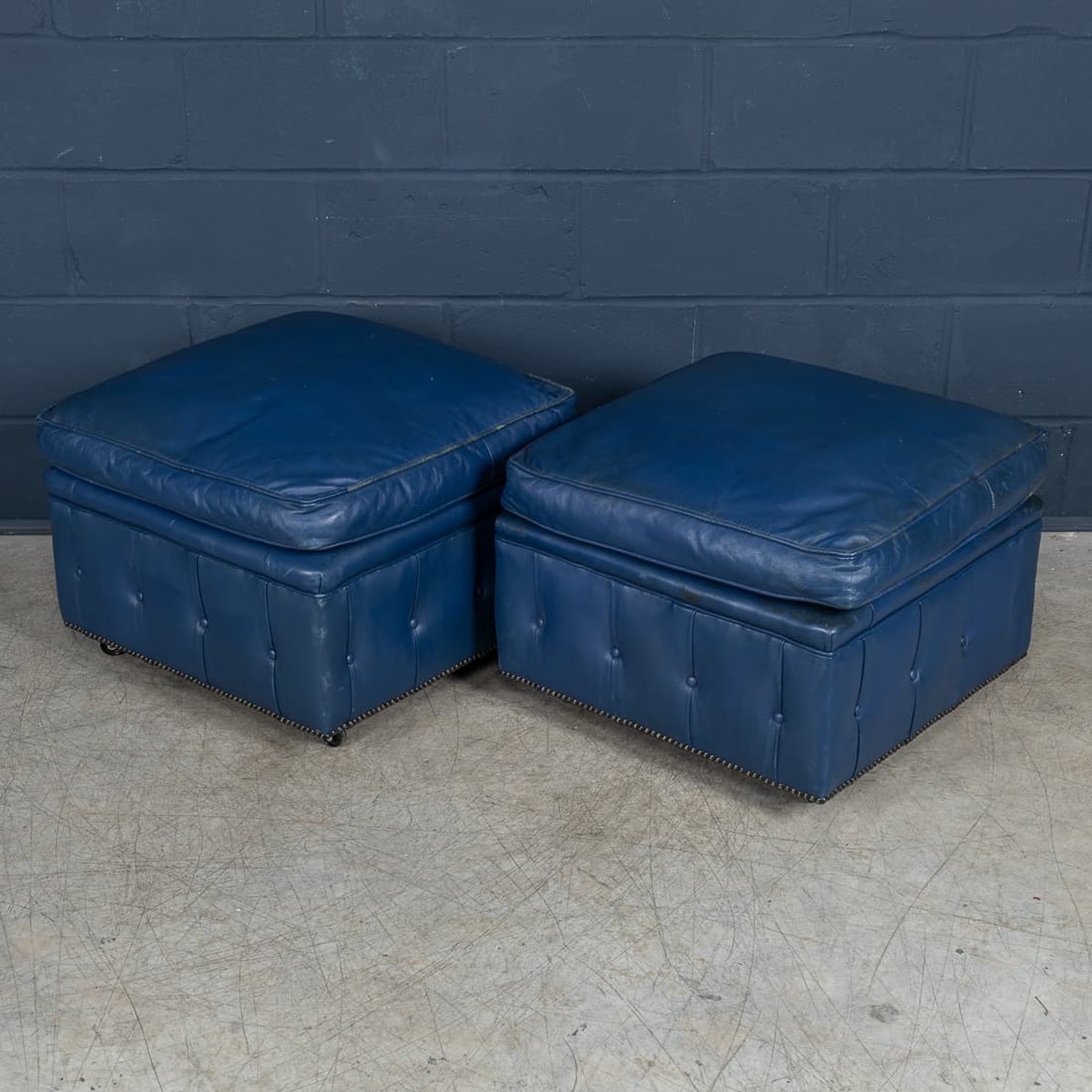VINTAGE 20thC ENGLISH PAIR OF BLUE LEATHER FOOTSTOOLS - 2