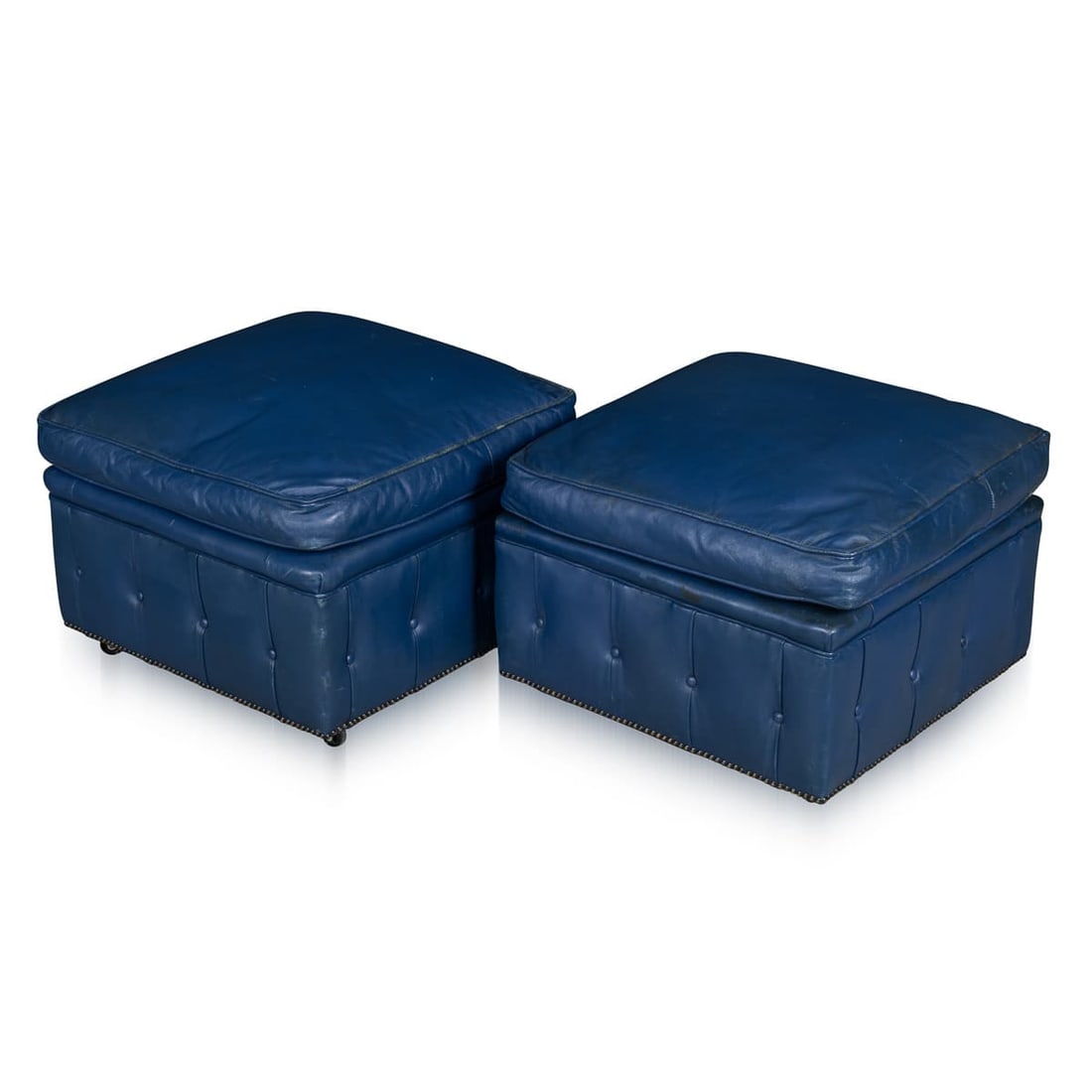 VINTAGE 20thC ENGLISH PAIR OF BLUE LEATHER FOOTSTOOLS - 4