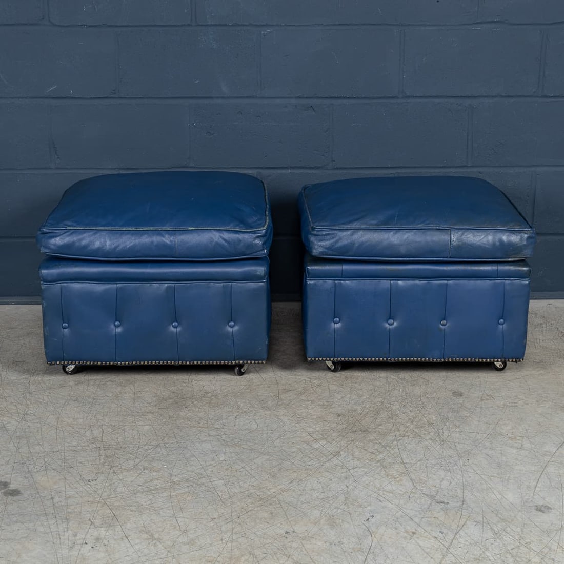 VINTAGE 20thC ENGLISH PAIR OF BLUE LEATHER FOOTSTOOLS - 5
