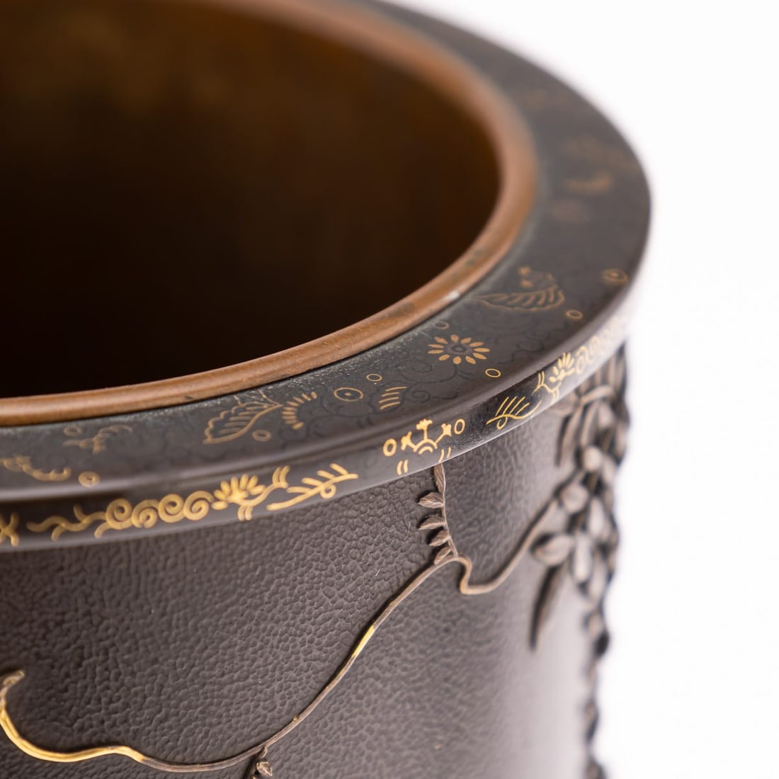 ANTIQUE 19thC JAPANESE MEIJI PERIOD PAIR OF INLAID BRONZE CYLINDRICAL BRUSHPOTS C.1890 - 11