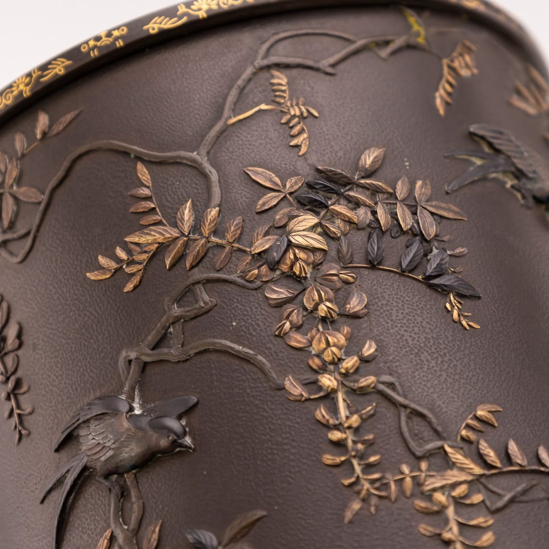 ANTIQUE 19thC JAPANESE MEIJI PERIOD PAIR OF INLAID BRONZE CYLINDRICAL BRUSHPOTS C.1890 - 13