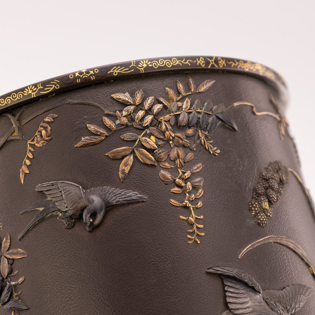 ANTIQUE 19thC JAPANESE MEIJI PERIOD PAIR OF INLAID BRONZE CYLINDRICAL BRUSHPOTS C.1890 - 14