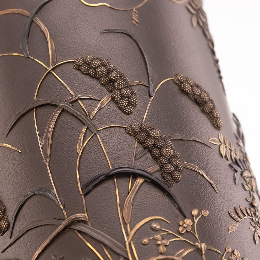 ANTIQUE 19thC JAPANESE MEIJI PERIOD PAIR OF INLAID BRONZE CYLINDRICAL BRUSHPOTS C.1890 - 20