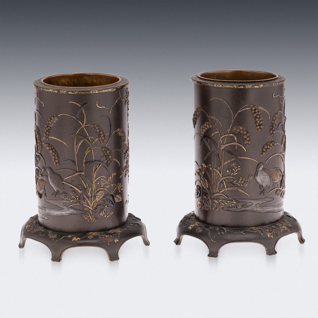 ANTIQUE 19thC JAPANESE MEIJI PERIOD PAIR OF INLAID BRONZE CYLINDRICAL BRUSHPOTS C.1890 - 3