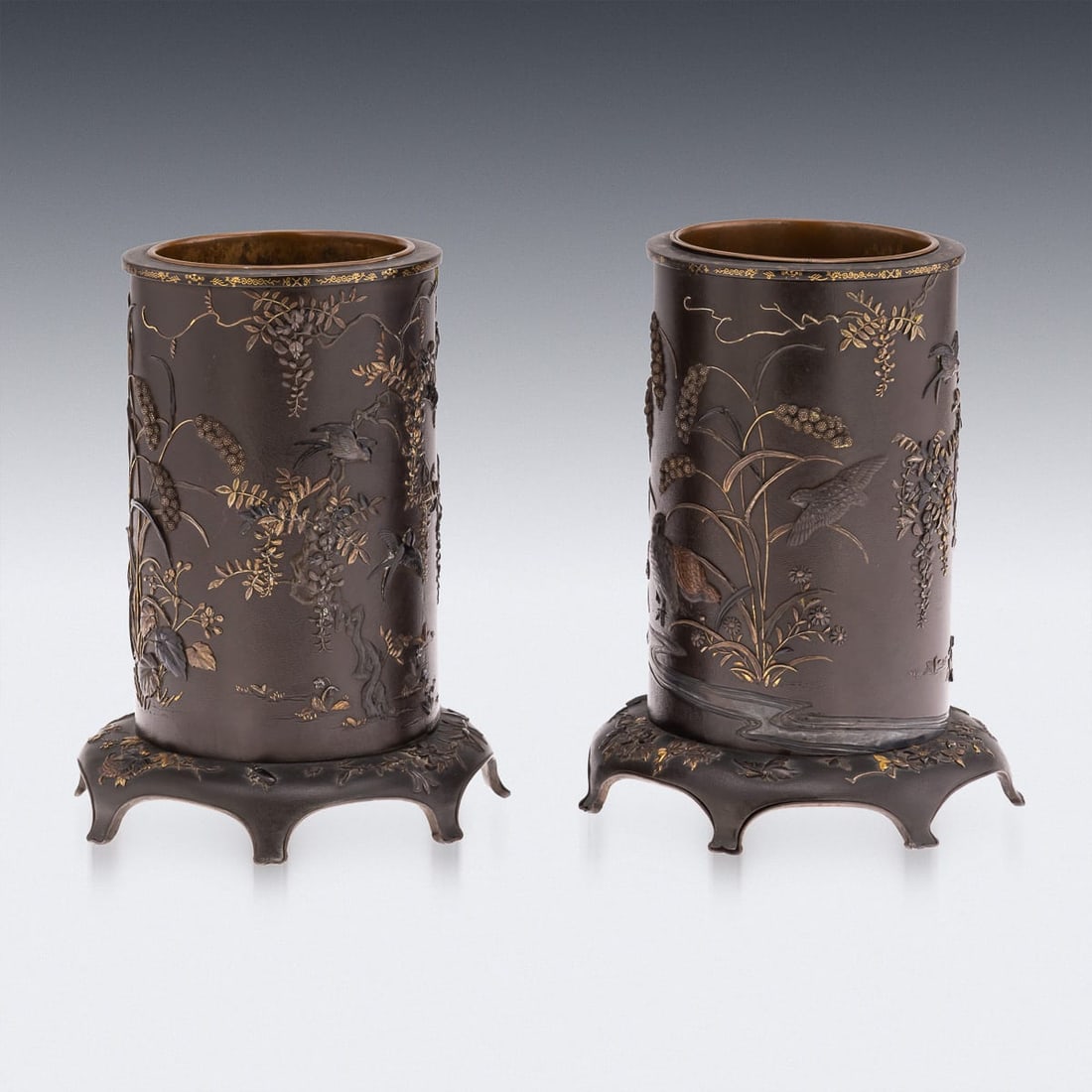 ANTIQUE 19thC JAPANESE MEIJI PERIOD PAIR OF INLAID BRONZE CYLINDRICAL BRUSHPOTS C.1890 - 4
