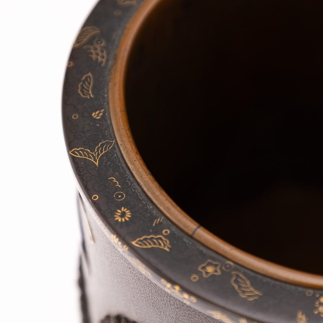 ANTIQUE 19thC JAPANESE MEIJI PERIOD PAIR OF INLAID BRONZE CYLINDRICAL BRUSHPOTS C.1890 - 9