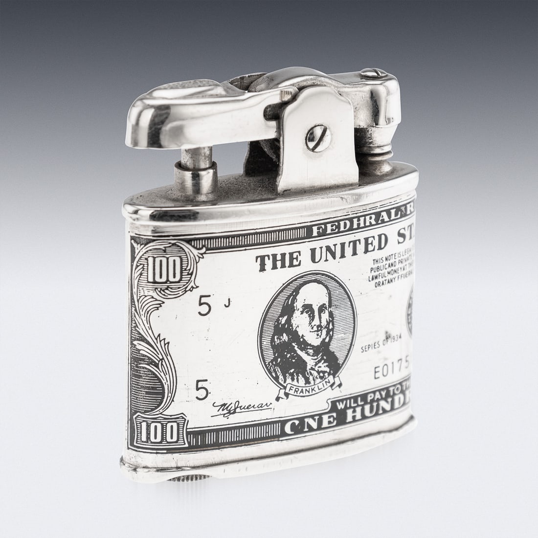 20thC AMERICAN SILVER-PLATED CIGARETTE CASE & LIGHTER SHAPED AS A HUNDRED DOLLAR BILL - 10