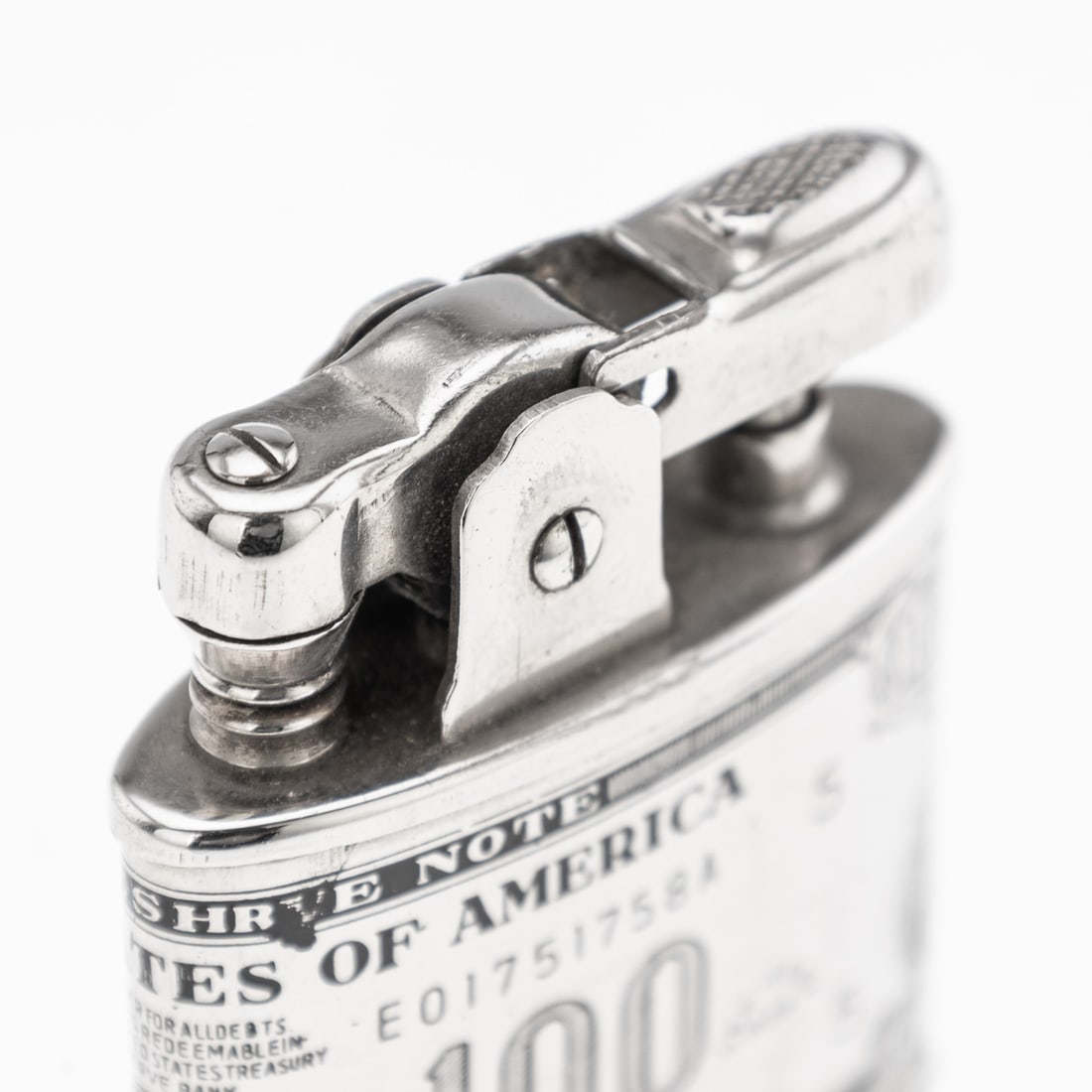 20thC AMERICAN SILVER-PLATED CIGARETTE CASE & LIGHTER SHAPED AS A HUNDRED DOLLAR BILL - 13
