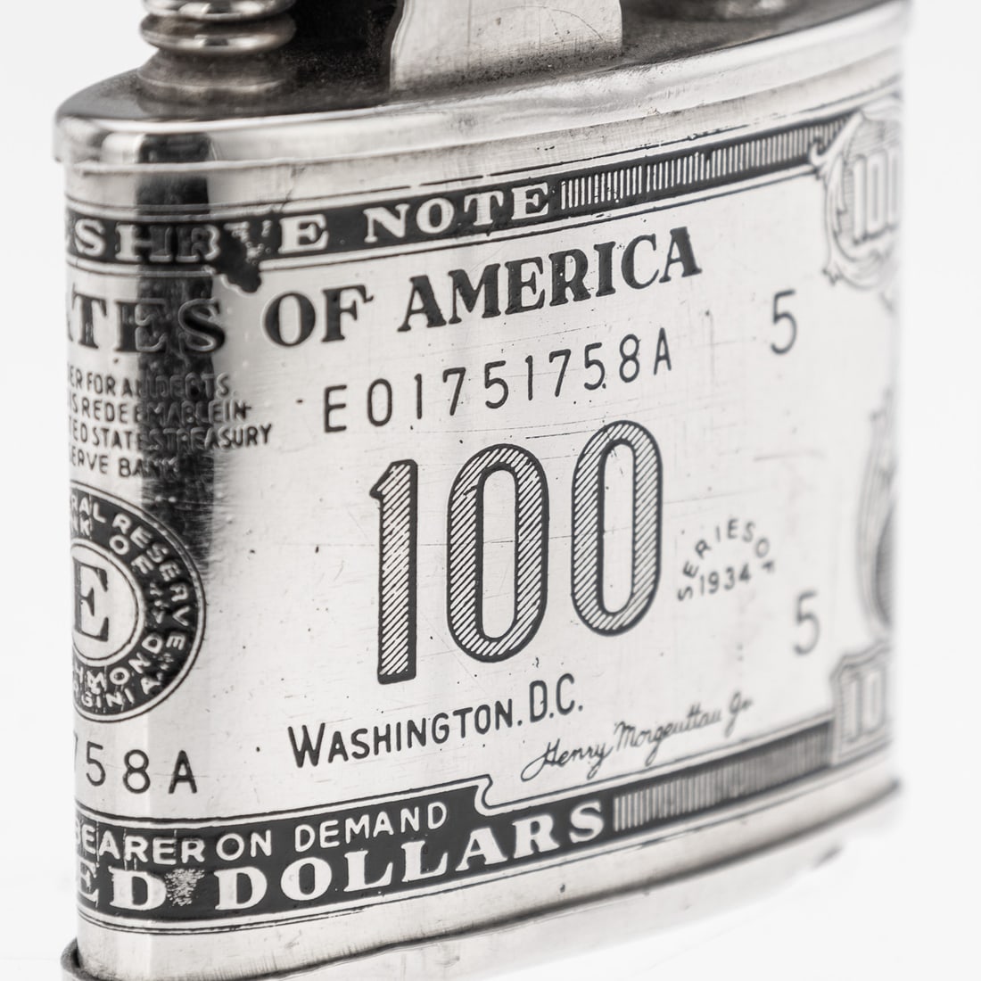 20thC AMERICAN SILVER-PLATED CIGARETTE CASE & LIGHTER SHAPED AS A HUNDRED DOLLAR BILL - 14