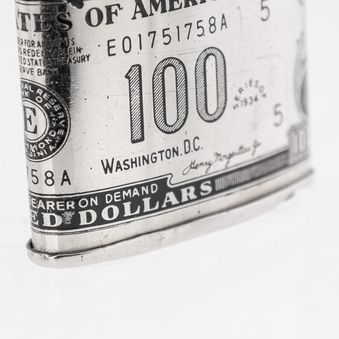 20thC AMERICAN SILVER-PLATED CIGARETTE CASE & LIGHTER SHAPED AS A HUNDRED DOLLAR BILL - 15