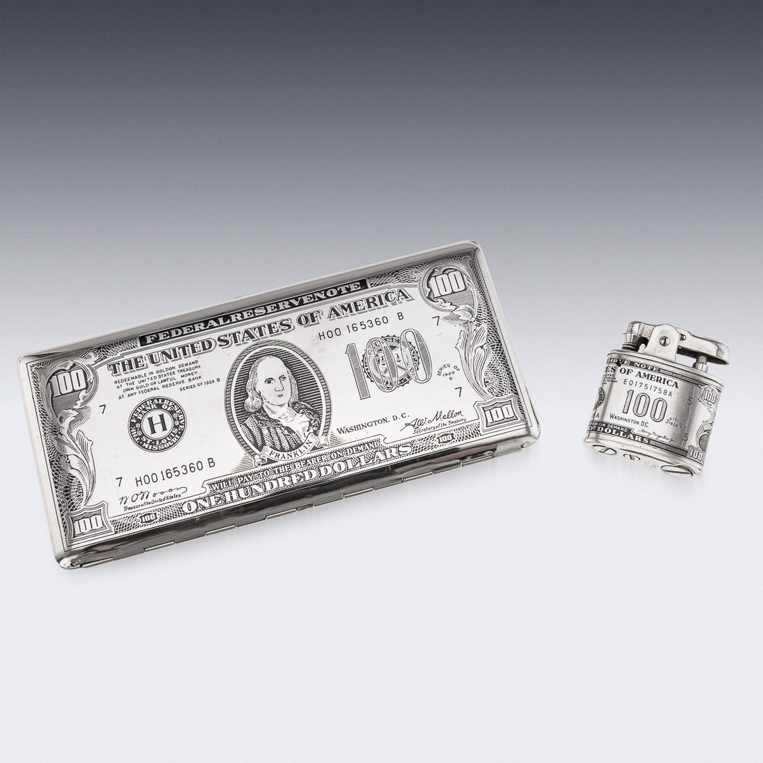 20thC AMERICAN SILVER-PLATED CIGARETTE CASE & LIGHTER SHAPED AS A HUNDRED DOLLAR BILL - 3