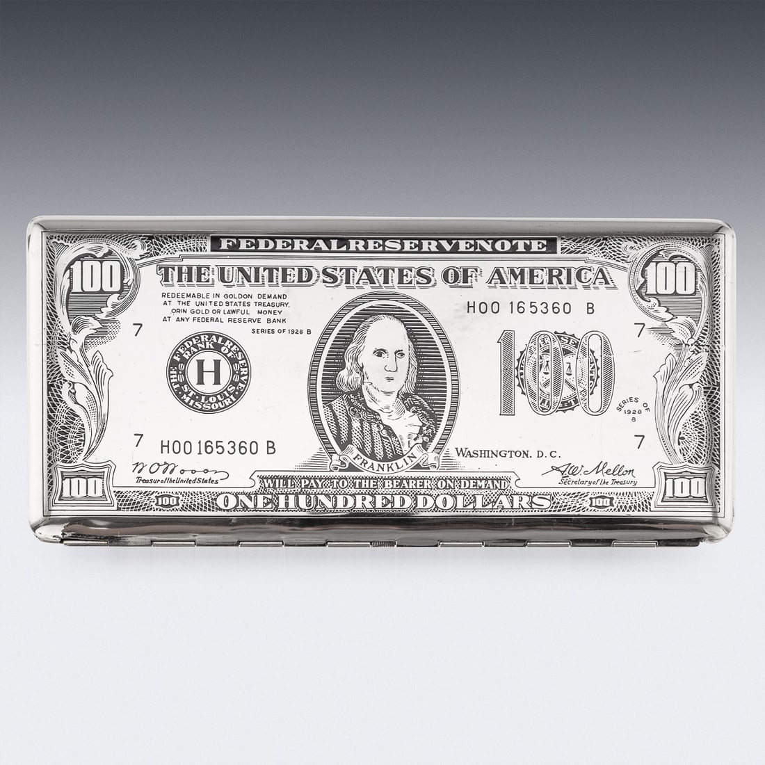 20thC AMERICAN SILVER-PLATED CIGARETTE CASE & LIGHTER SHAPED AS A HUNDRED DOLLAR BILL - 4