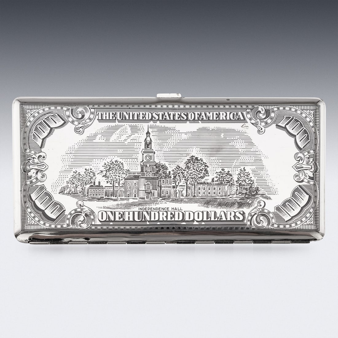 20thC AMERICAN SILVER-PLATED CIGARETTE CASE & LIGHTER SHAPED AS A HUNDRED DOLLAR BILL - 5