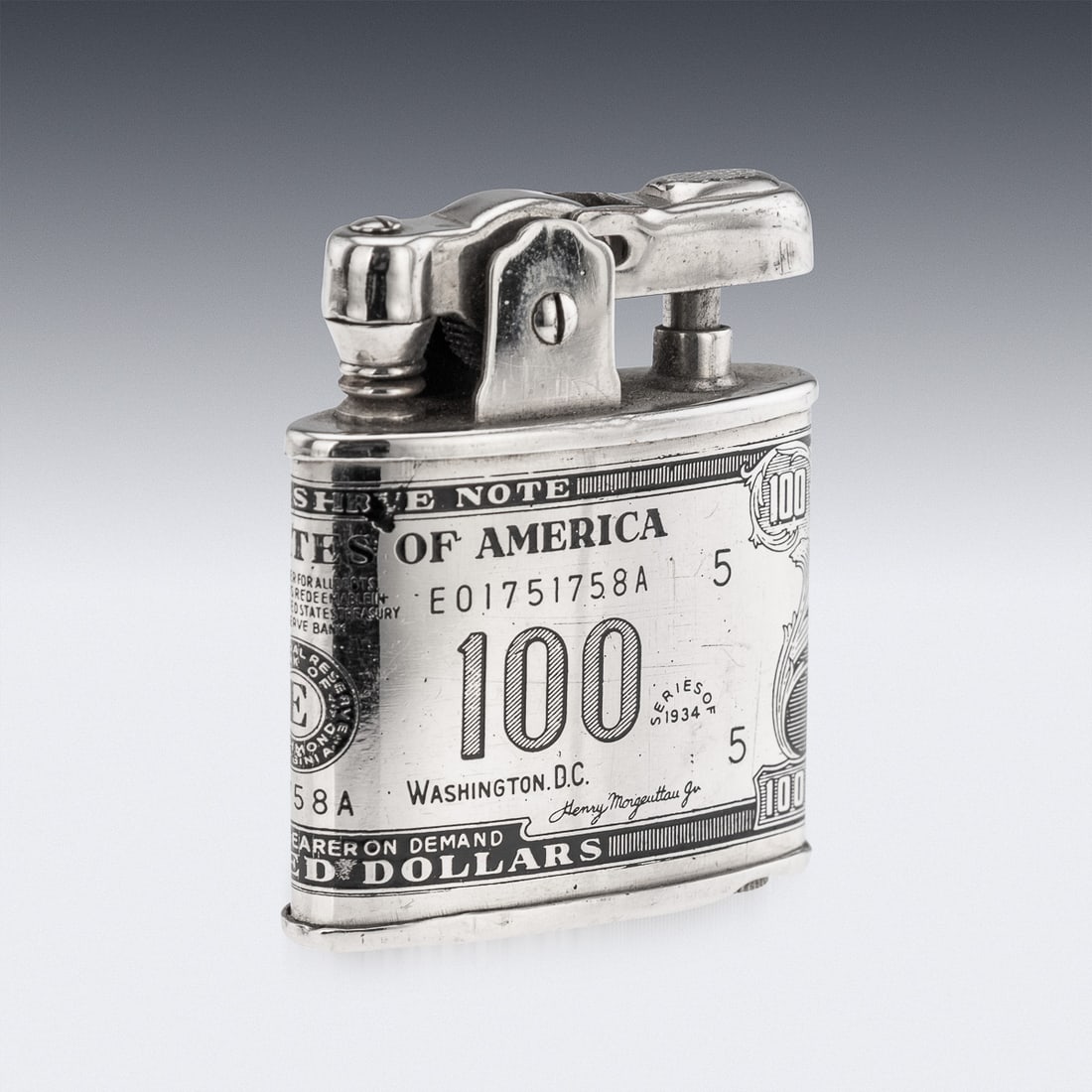 20thC AMERICAN SILVER-PLATED CIGARETTE CASE & LIGHTER SHAPED AS A HUNDRED DOLLAR BILL - 7