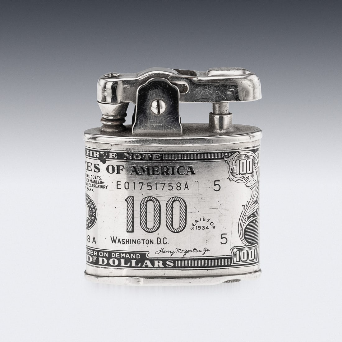 20thC AMERICAN SILVER-PLATED CIGARETTE CASE & LIGHTER SHAPED AS A HUNDRED DOLLAR BILL - 8