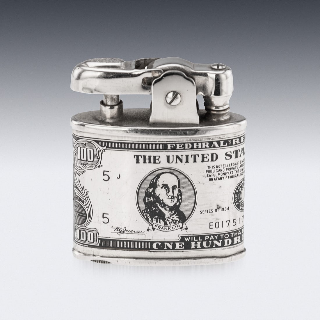 20thC AMERICAN SILVER-PLATED CIGARETTE CASE & LIGHTER SHAPED AS A HUNDRED DOLLAR BILL - 9
