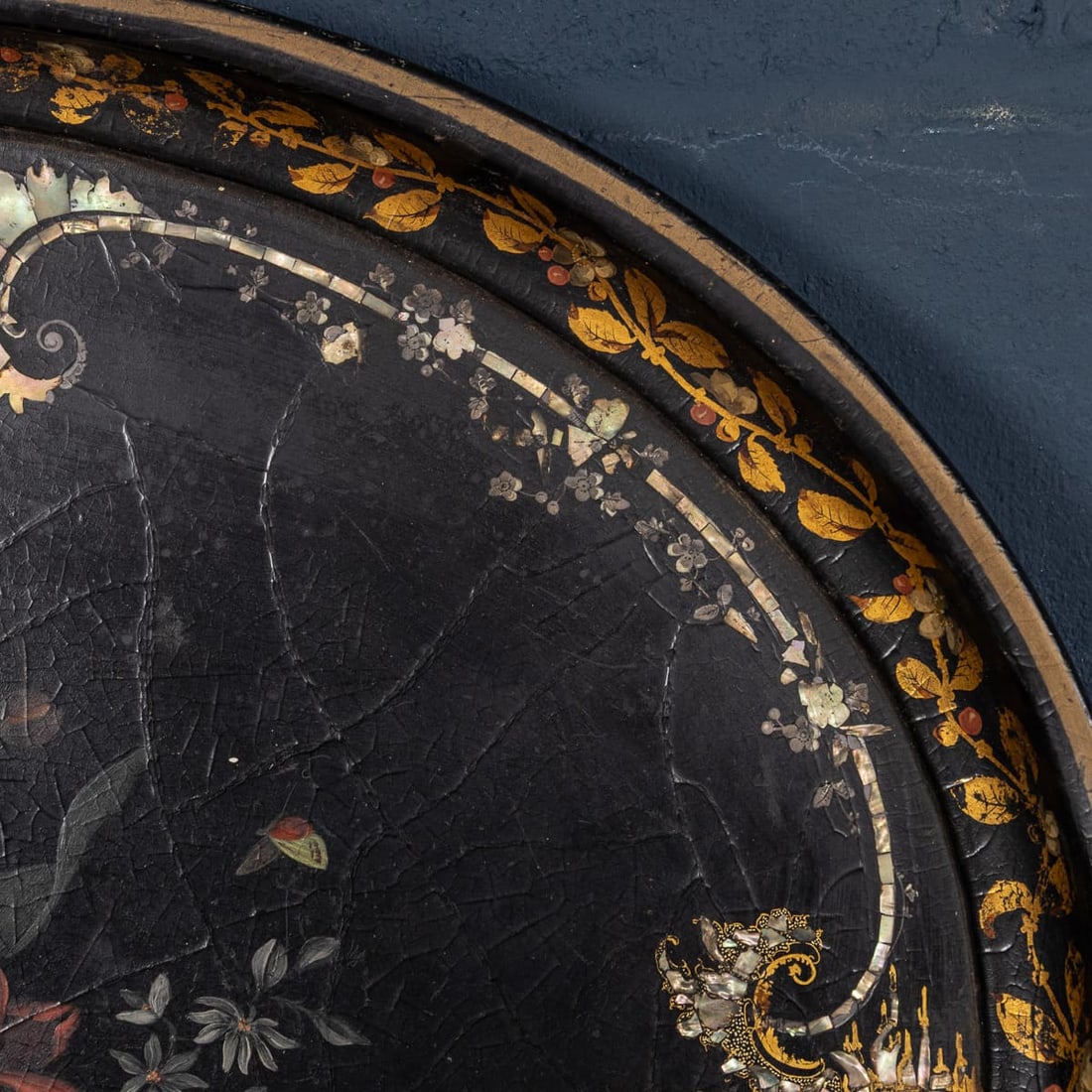 ANTIQUE 19thC VICTORIAN LARGE OVAL PAPIER-MÂCHÉ TRAY, ENGLAND c.1860 - 13