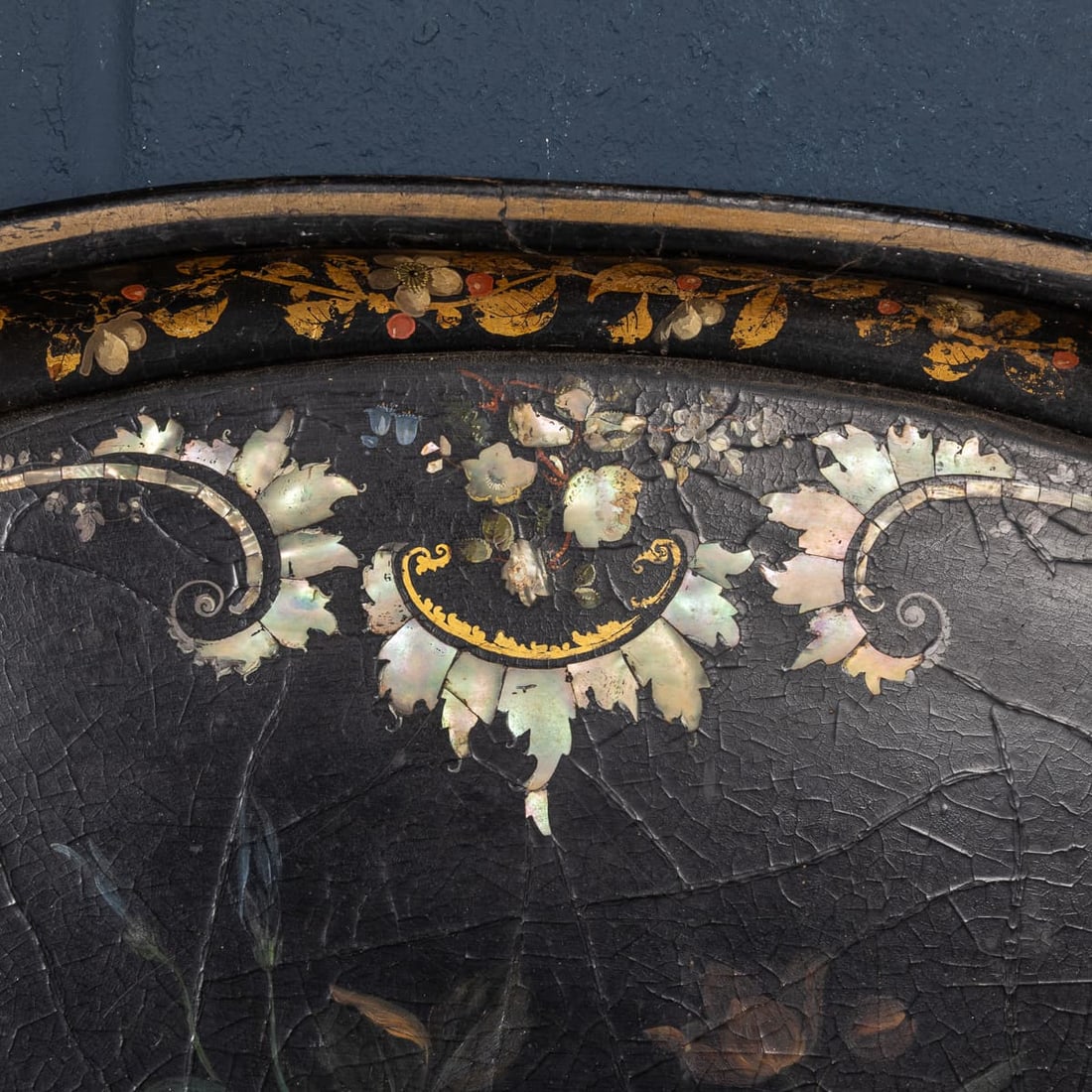 ANTIQUE 19thC VICTORIAN LARGE OVAL PAPIER-MÂCHÉ TRAY, ENGLAND c.1860 - 15