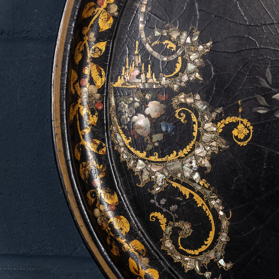 ANTIQUE 19thC VICTORIAN LARGE OVAL PAPIER-MÂCHÉ TRAY, ENGLAND c.1860 - 17