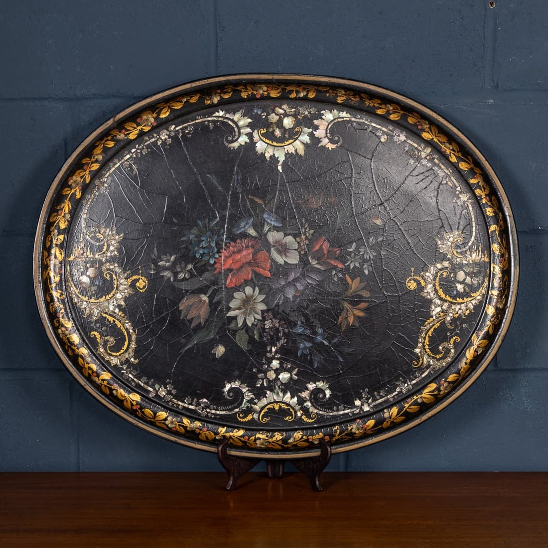 ANTIQUE 19thC VICTORIAN LARGE OVAL PAPIER-MÂCHÉ TRAY, ENGLAND c.1860 - 2