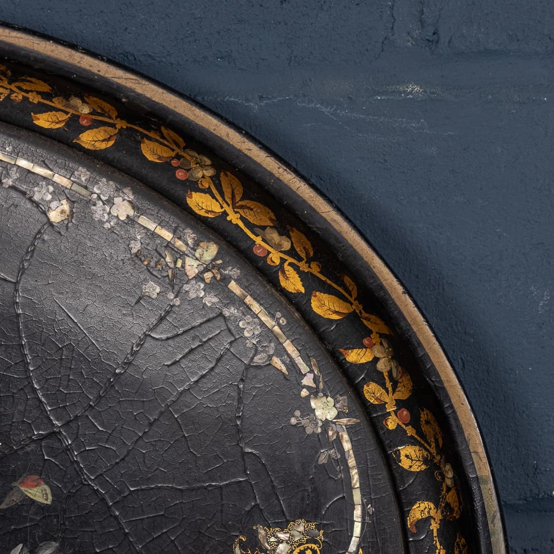ANTIQUE 19thC VICTORIAN LARGE OVAL PAPIER-MÂCHÉ TRAY, ENGLAND c.1860 - 7