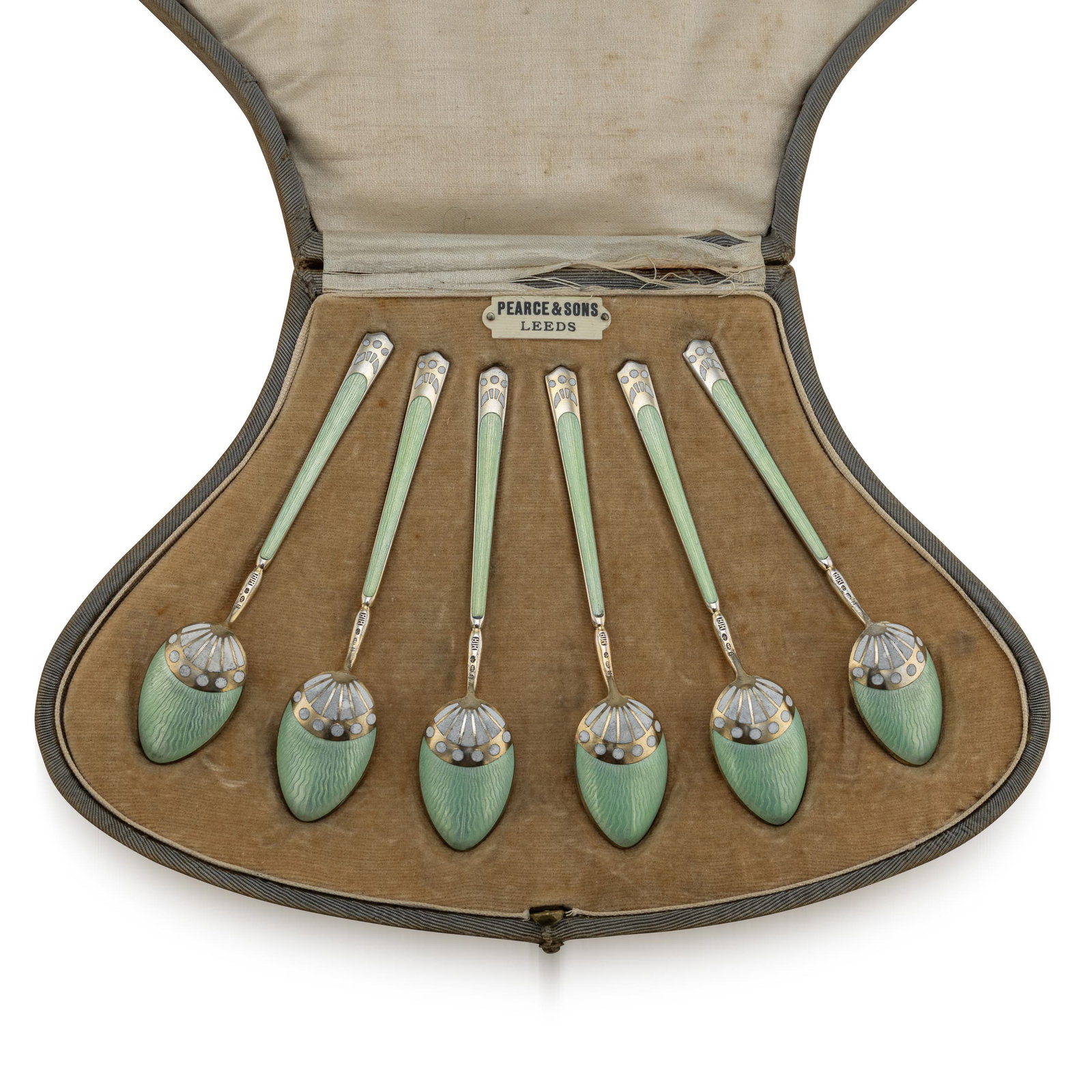 ANTIQUE 20thC NORWEGIAN SOLID SILVER GILT & ENAMEL SET OF SIX SPOONS: Antique 20th Century Norwegian set of six Norwegian silver and enamel spoons. Each spoon is of elegant elongated form, the spoon bowls and handles ornamented with finely worked guilloché enamel