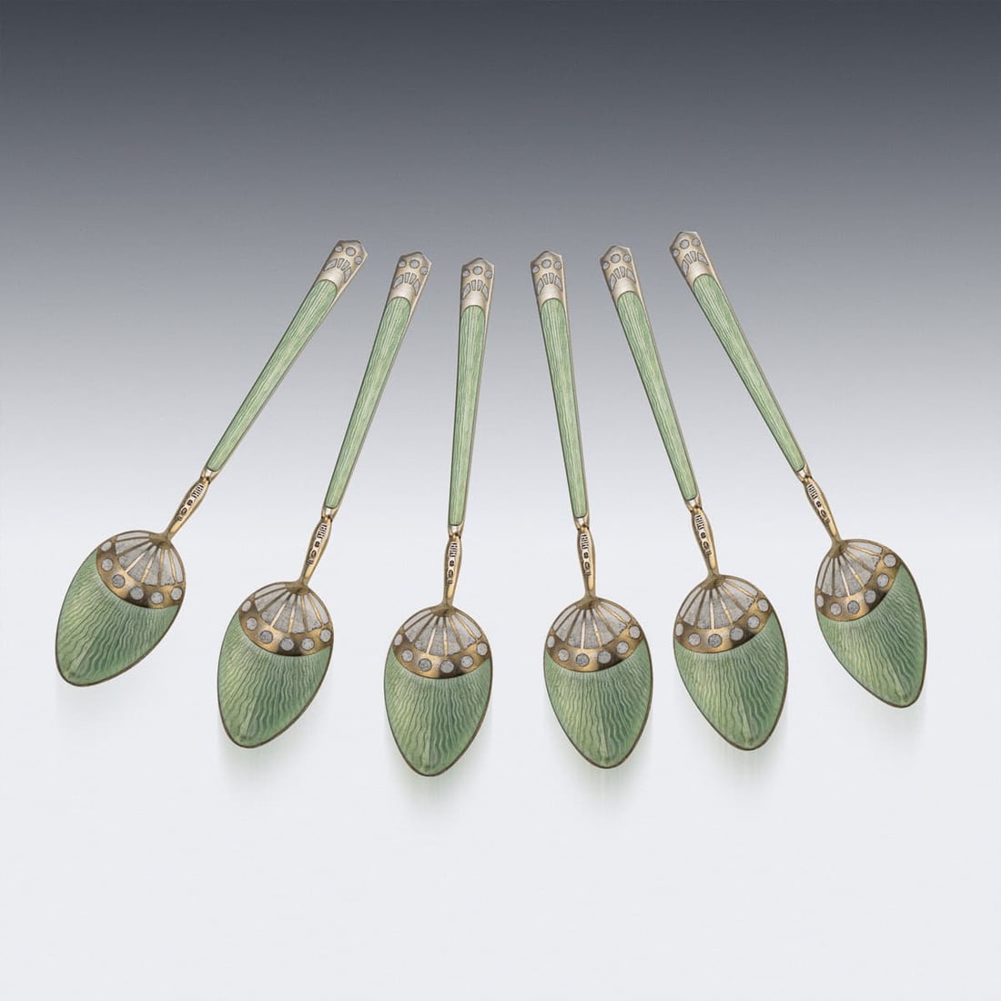 ANTIQUE 20thC NORWEGIAN SOLID SILVER GILT & ENAMEL SET OF SIX SPOONS - 4