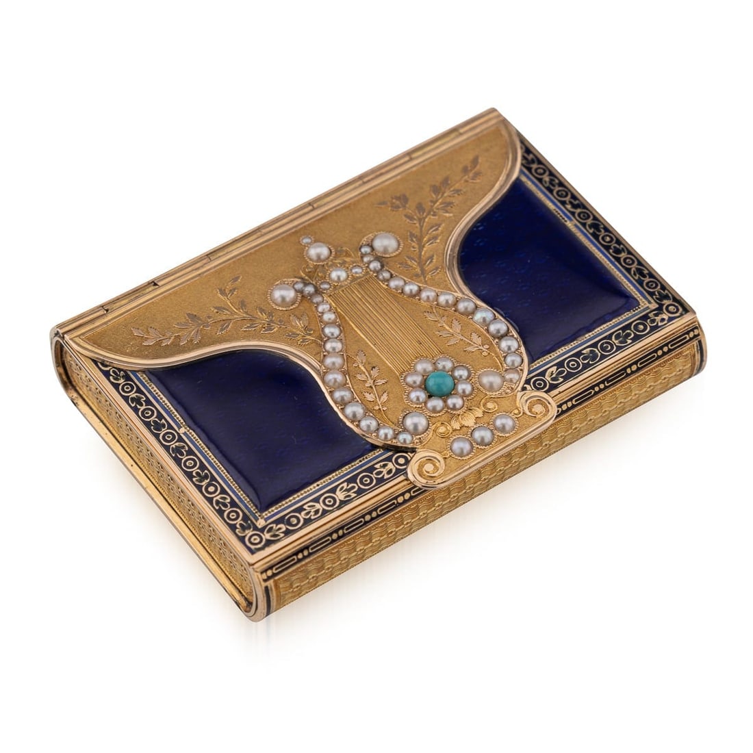 ANTIQUE 19thC SWISS 18k GOLD PEARL SET & ENAMEL MUSICAL BOX, REMOND c.1800: Antique early-19th Century Exceptional Swiss 18k gold & enamel music box, of elegant rectangular form, in the shape of an envelope, featuring convex front and rear sides. The cover and base are