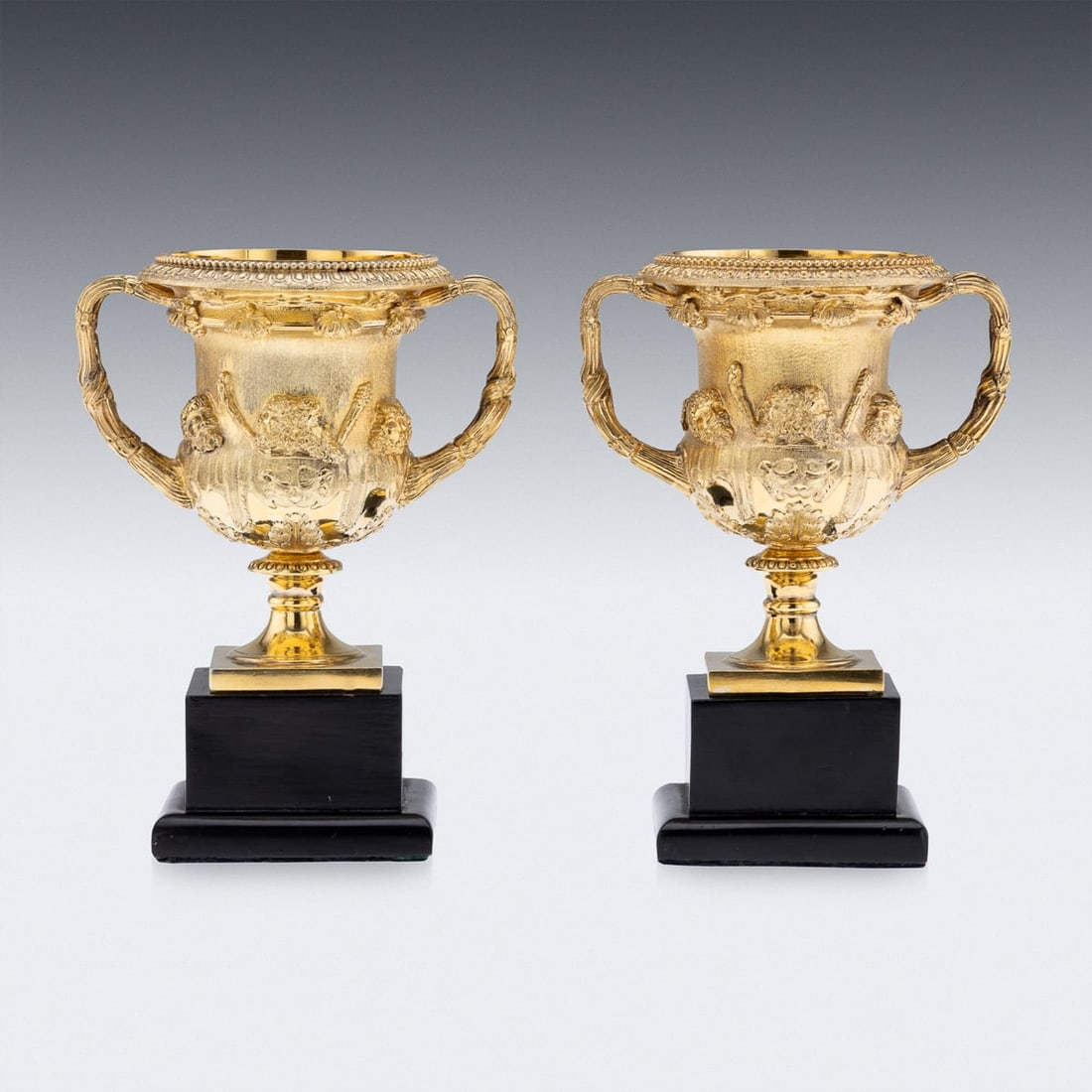 ANTIQUE 20thC BRITISH PAIR OF SOLID SILVER-GILT WARWICK VASES, ASPREY c.1914 - 3