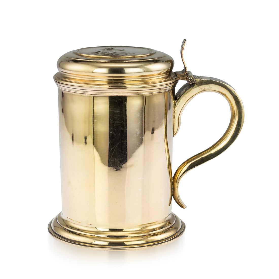 ANTIQUE 18thC RUSSIAN EXCEPTIONAL SILVER-GILT TANKARD, MOSCOW c.1766: Antique 18th Century Imperial Russian solid silver-gilt impressive lidded tankard, parcel gilt, of traditional tapering form on a spreading foot, the sides chased with gilt putto masks and trailing