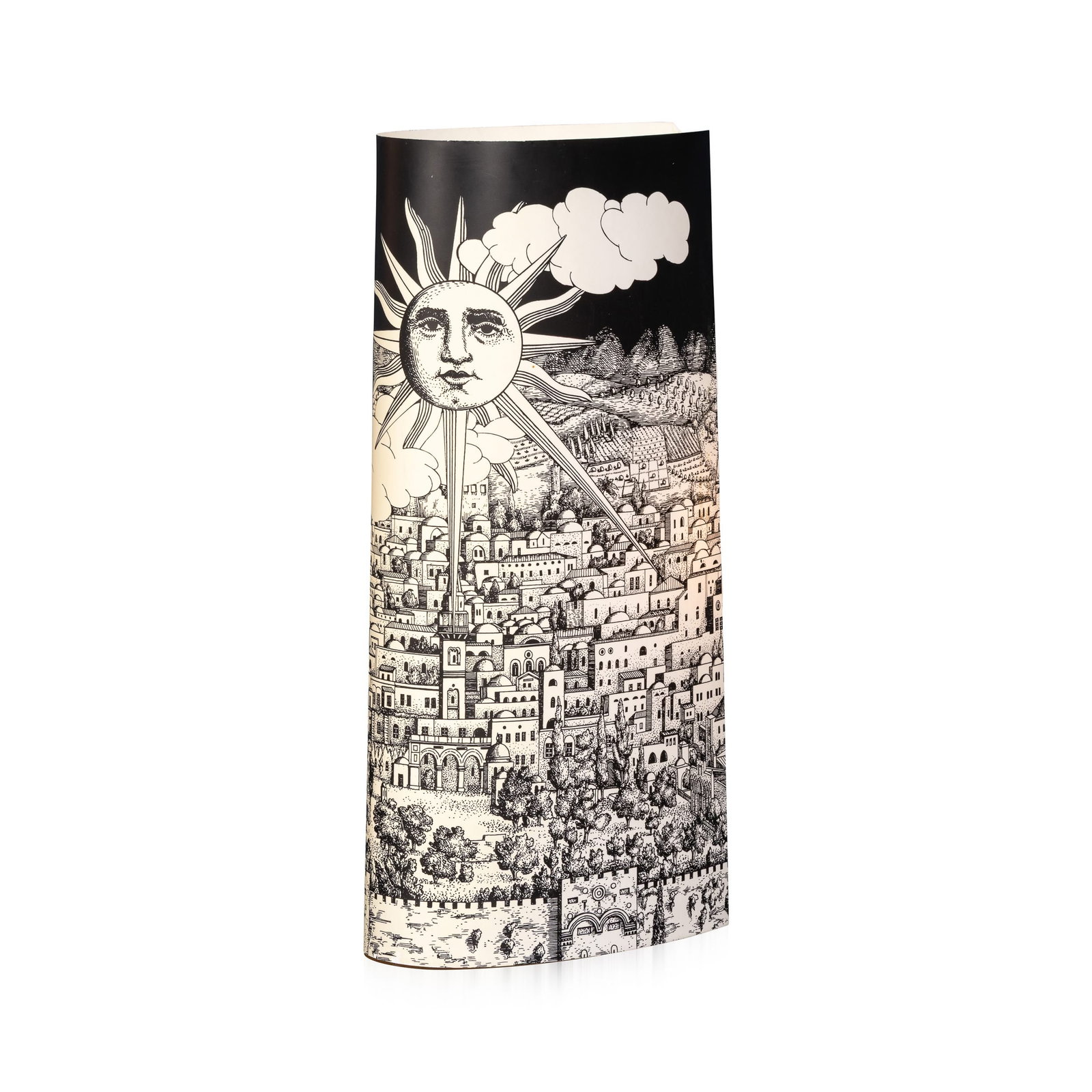 VINTAGE 20thC ITALIAN FORNASETTI "LUNA CITTÀ" TABLE LAMP BY ANTONANGELI: A striking Fornasetti table lamp, produced in Italy during the late twentieth century by Antonangeli under licence from Fornasetti. Combining sculptural form with Piero Fornasetti's unmistakable