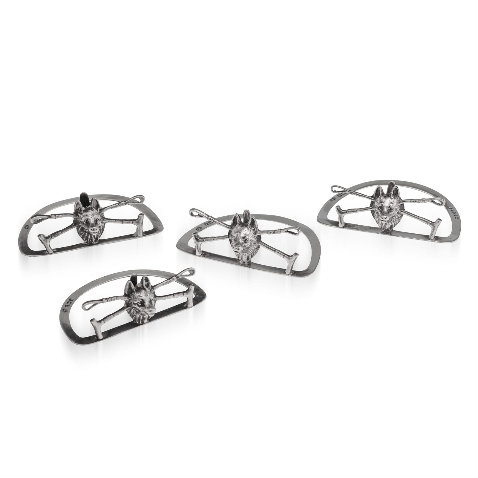 ANTIQUE 20thC ENGLISH SOLID SILVER SET OF FOUR MENU HOLDERS, BIRMINGHAM c.1907: Antique 20th Century English solid silver set of four menu holders, each modelled as a fox and whip in a novelty design A wonderful set perfect for the dining table. Each piece is hallmarked English