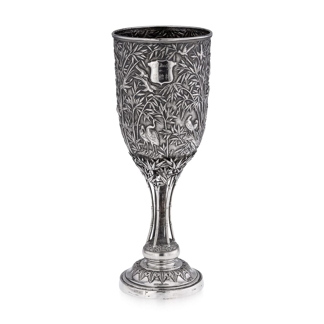 ANTIQUE 19thC CHINESE EXPORT SOLID SILVER GOBLET, LEECHING c.1870 (1 of 20)