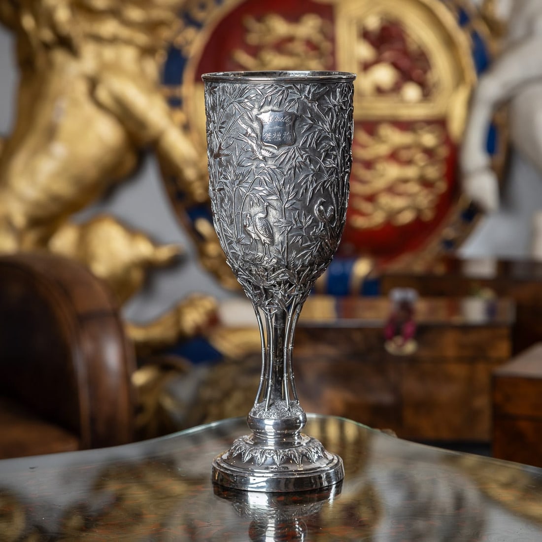 ANTIQUE 19thC CHINESE EXPORT SOLID SILVER GOBLET, LEECHING c.1870 - 2