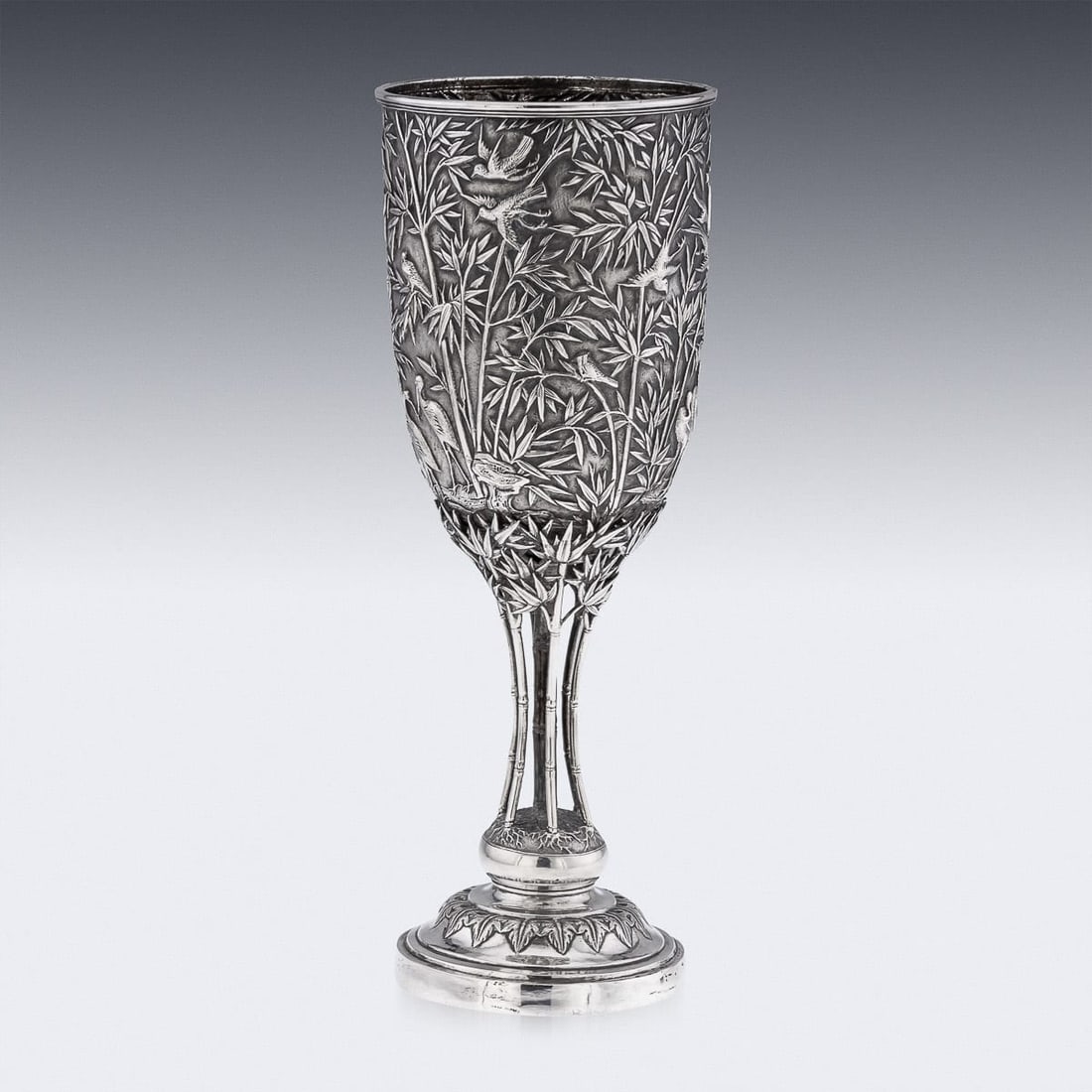 ANTIQUE 19thC CHINESE EXPORT SOLID SILVER GOBLET, LEECHING c.1870 - 5