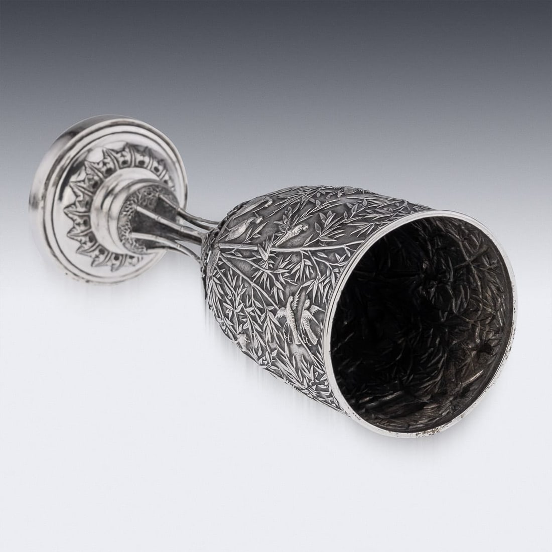 ANTIQUE 19thC CHINESE EXPORT SOLID SILVER GOBLET, LEECHING c.1870 - 7
