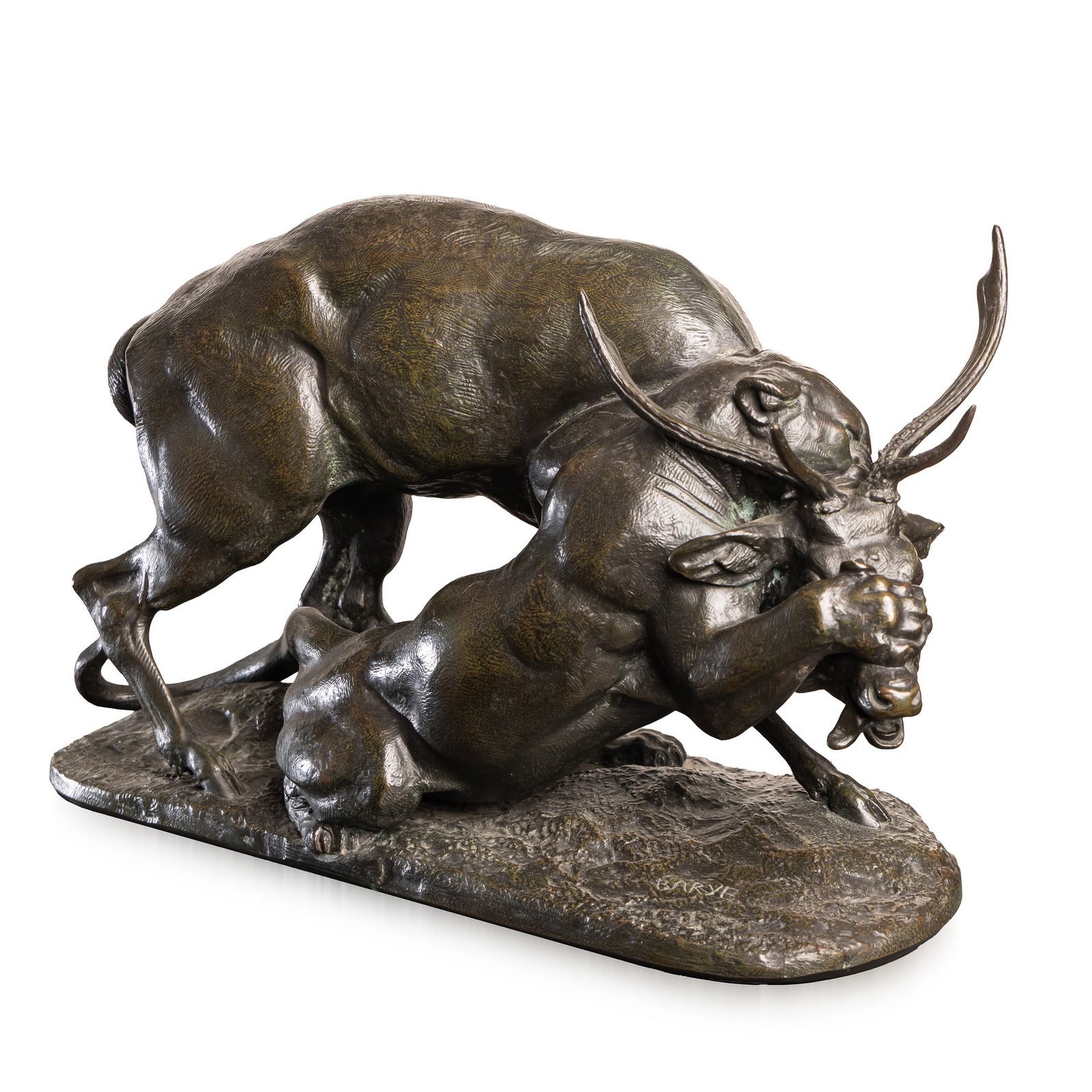FRENCH BRONZE PANTHER & STAG HUNTING SCENE, ANTOINE-LOUIS BARYE (1796-1875): Antique 19th Century French bronze, expertly modelled as a panther in mid hunt, sinking its teeth and claws into a stag. The piece bears a brown and green patina and is signed to the base ‘BARYE