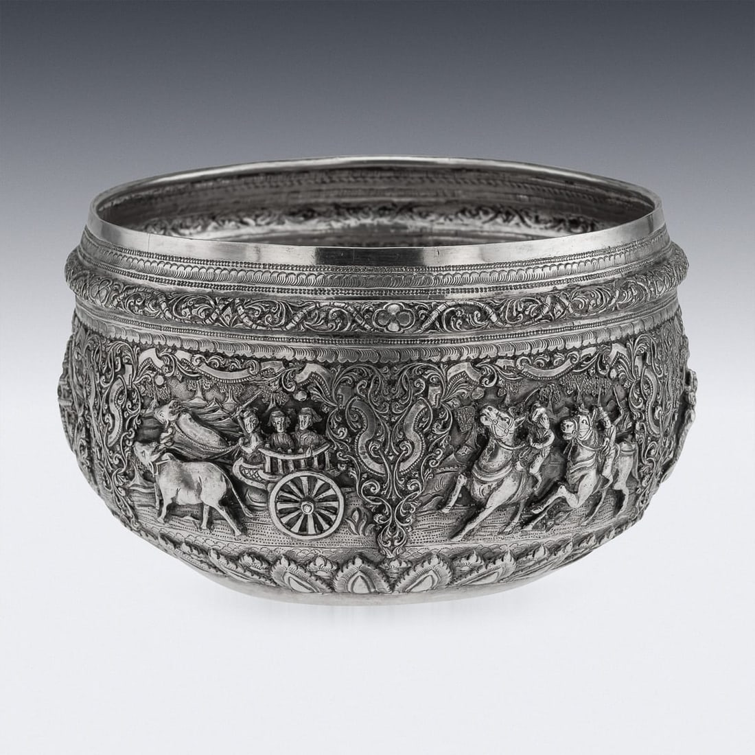 ANTIQUE 20thC BURMESE REPOUSSÉ SOLID SILVER "JATAKA TALES" BOWL c.1910 - 3
