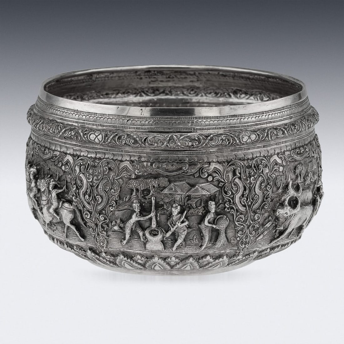 ANTIQUE 20thC BURMESE REPOUSSÉ SOLID SILVER "JATAKA TALES" BOWL c.1910 - 4