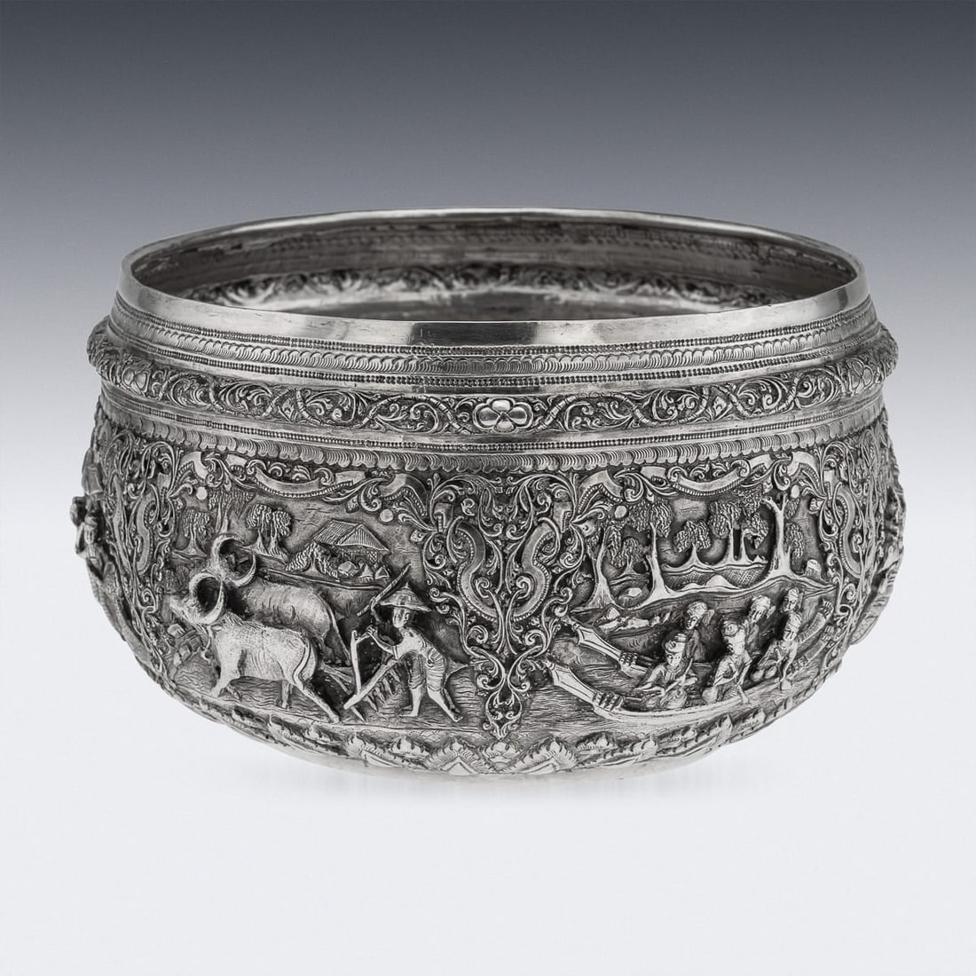 ANTIQUE 20thC BURMESE REPOUSSÉ SOLID SILVER "JATAKA TALES" BOWL c.1910 - 5