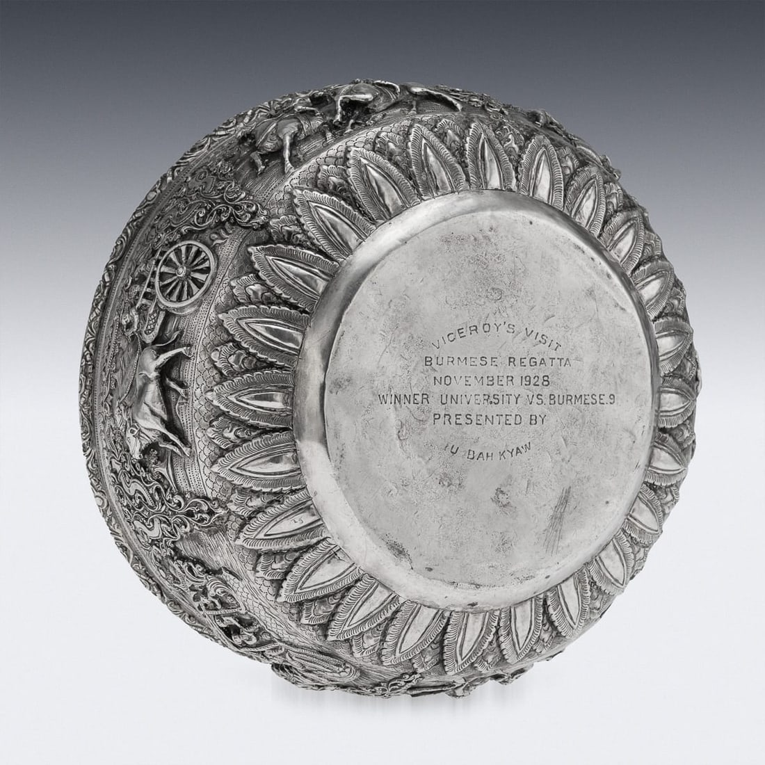 ANTIQUE 20thC BURMESE REPOUSSÉ SOLID SILVER "JATAKA TALES" BOWL c.1910 - 7