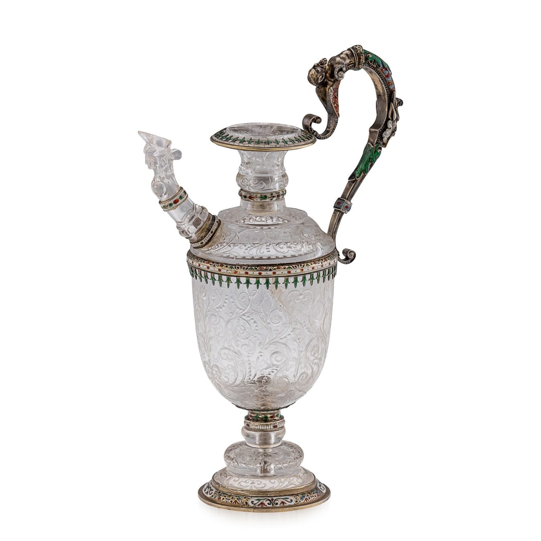 ANTIQUE 19thC AUSTRIAN SILVER, ENAMEL & ROCK CRYSTAL EWER, RUDOLF LINKE c.1890: Antique 19th Century Austrian rare and unusual solid silver-gilt & enamel rock crystal ewer. The rock crystal engraved with chimeras among scrollwork, silver gilt mounts pierced and enamelled.